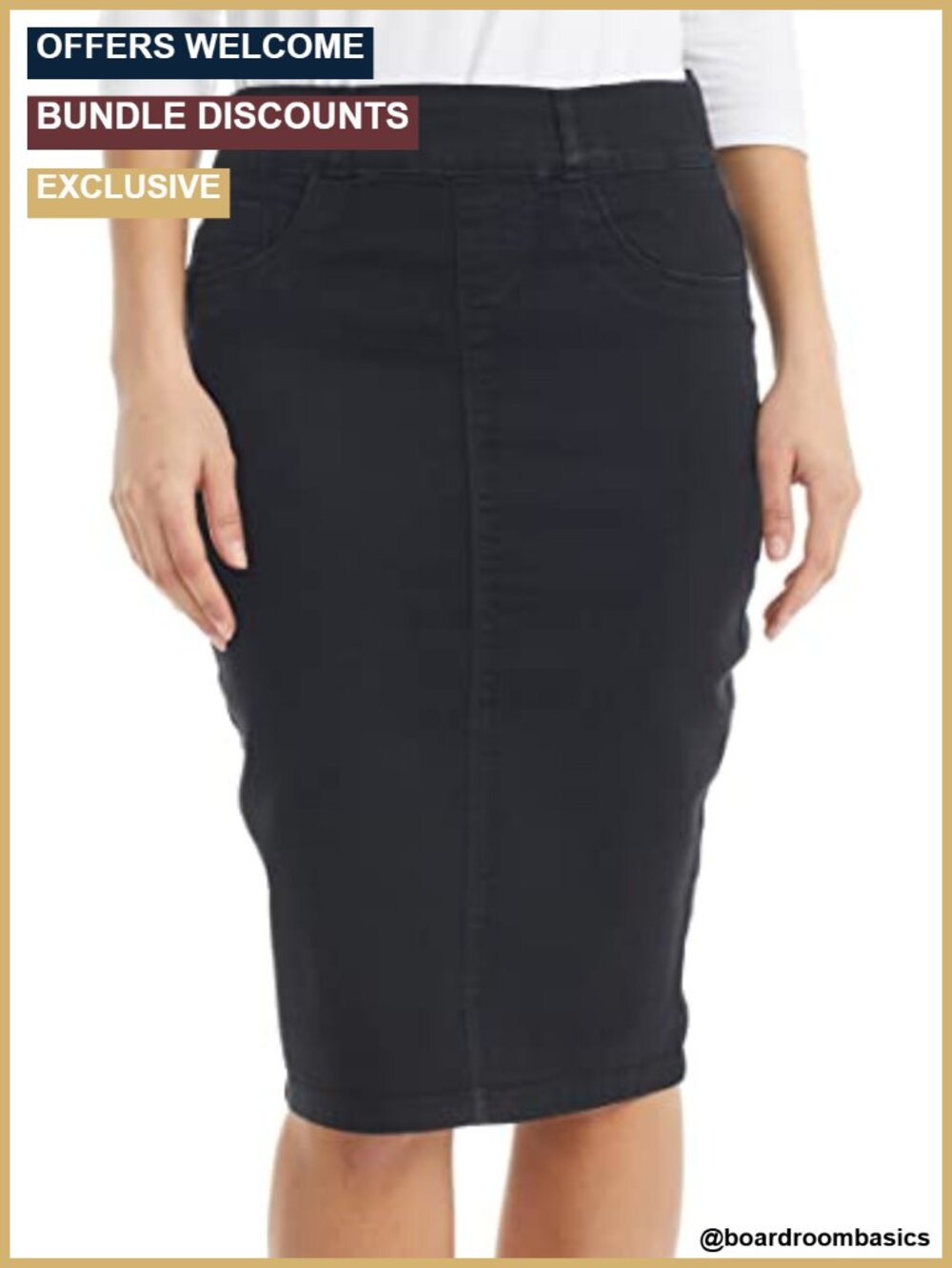 Stretch Denim Pencil Skirt Pull-On Knee-Length Jean Skirt